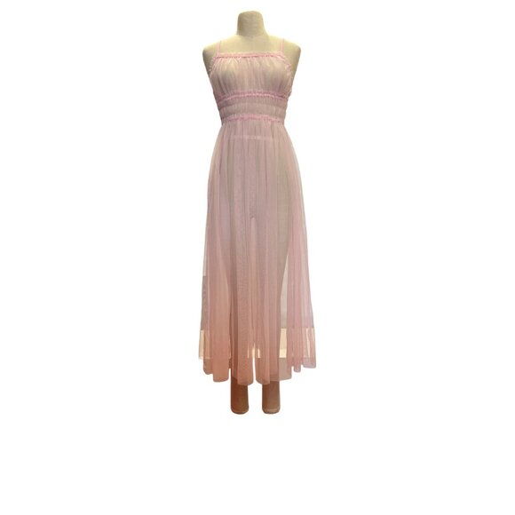 Vintage Pink Sheer Tulle Midi Dress With Ruched Bodice & Spaghetti Straps - Picture 2 of 5